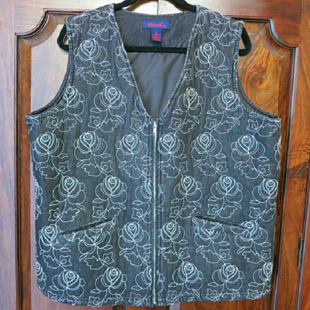 Denim & Co Embroidered Floral Denim Vest